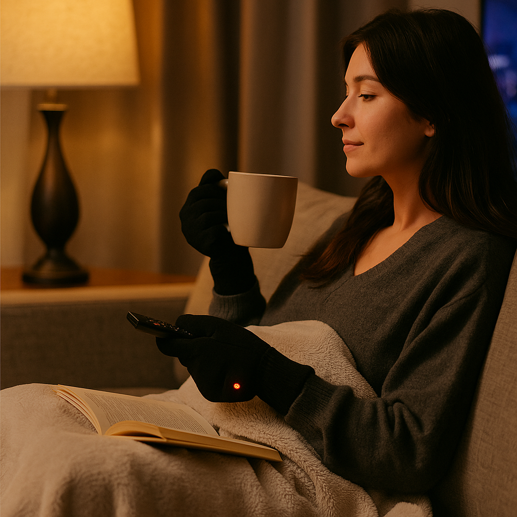 Woman sitting on a couch holding a mug and reading a book in a cozy room.