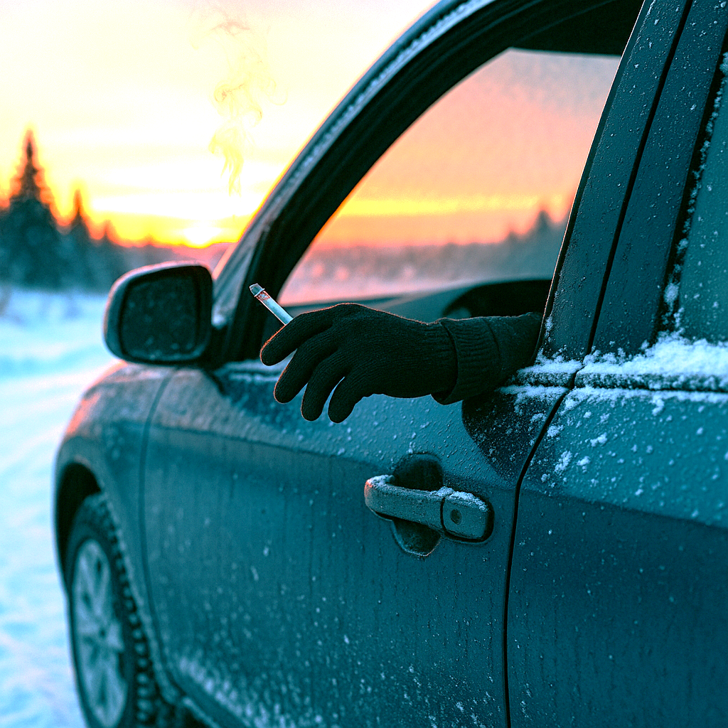 Person holding a cigarette out of a car window during a snowy sunset.
